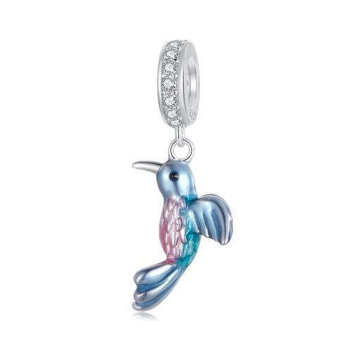 Kovově modrý kolibřík stříbrný přívěsek charm